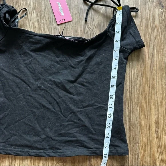 Edikted Women’s Jess Off Shoulder Top Black Medium Tie Sleeve Stretch Y2K NEW - Picture 7 of 9